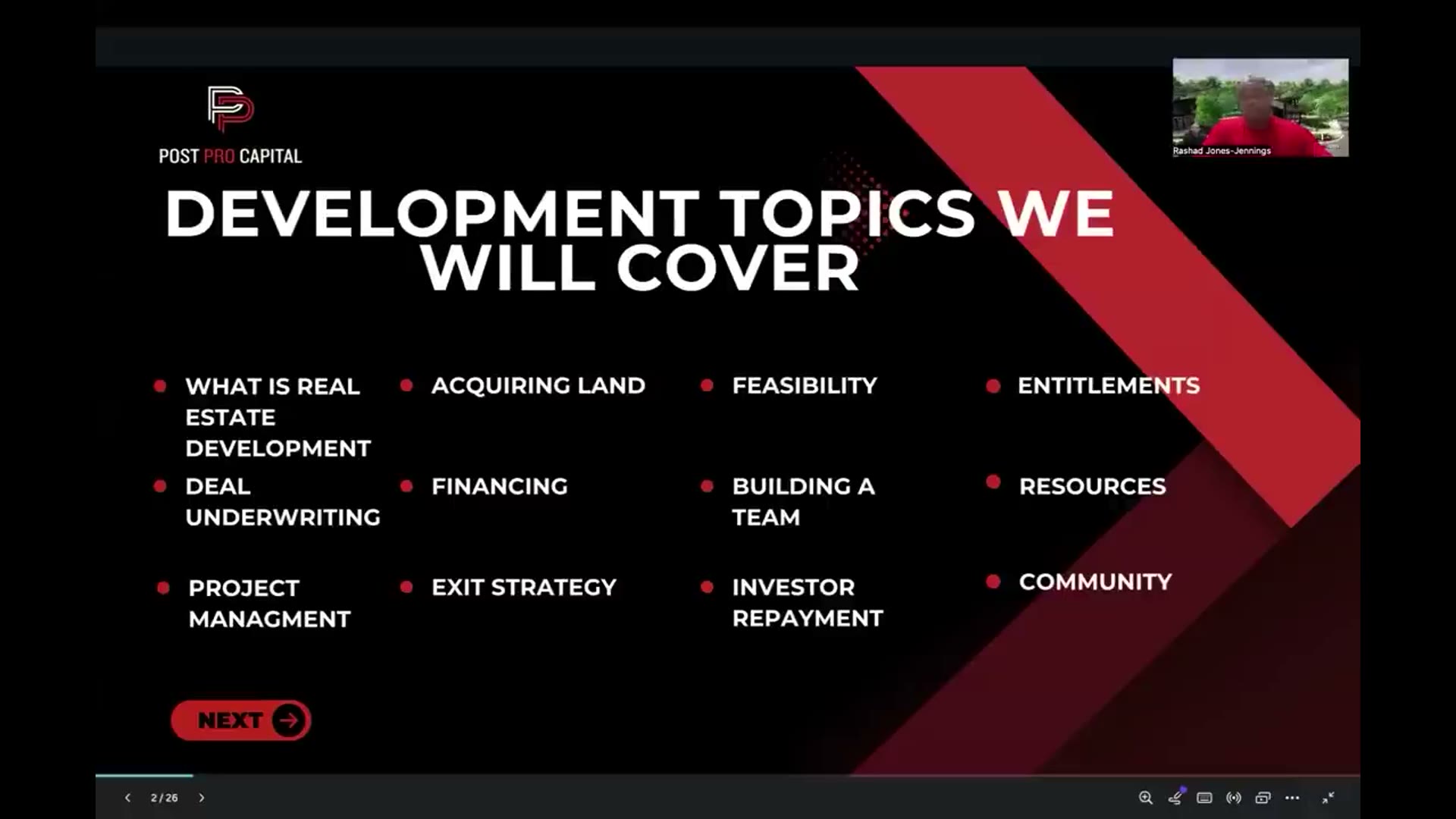 Still from the Development Masterclass video, with Rashad presenting