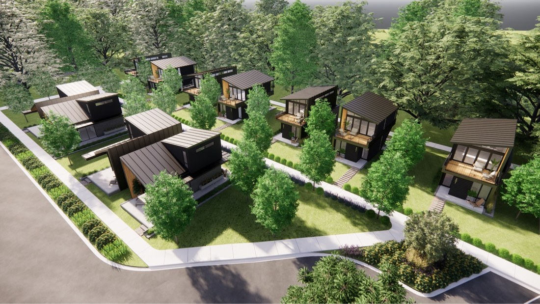 Rendering of Valentina Estates: modern dark-clad townhomes along a curved street